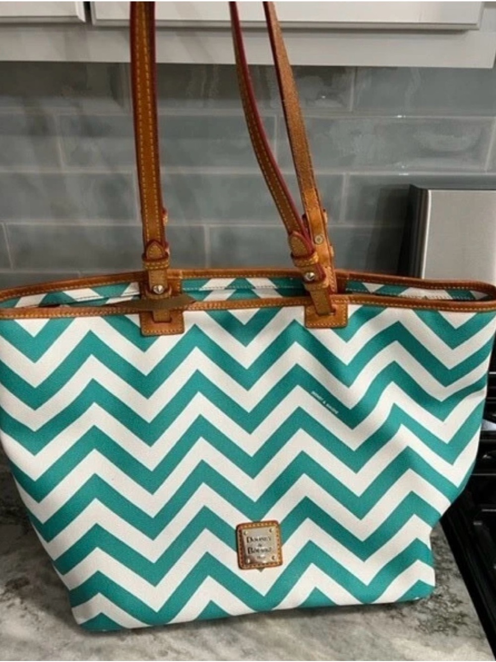 DOONEY AND BOURKE Chevron Green And White Leather Shoulder Tote Bag